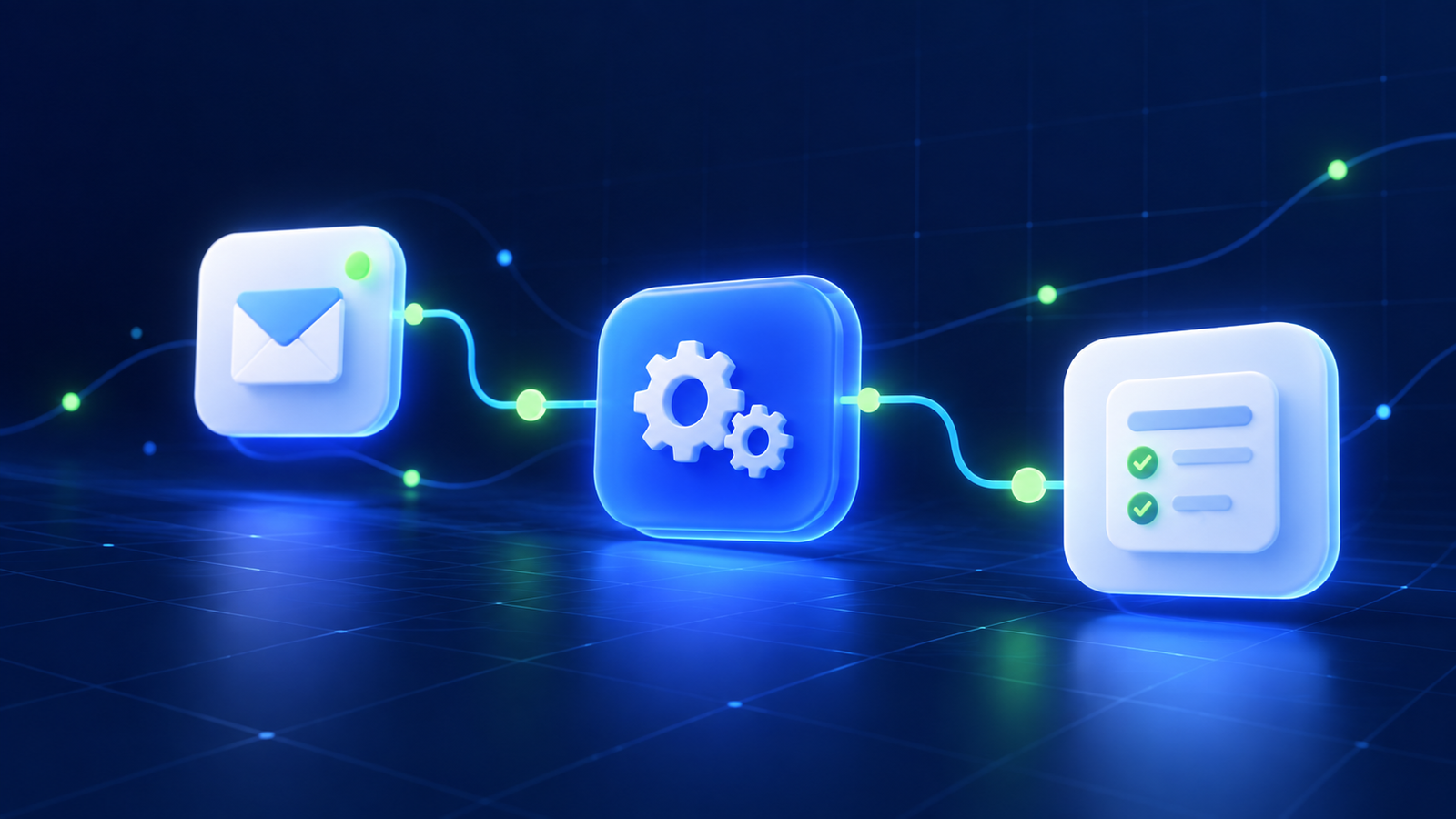 Three connected workflow stages representing an enquiry, automation and a follow-up task